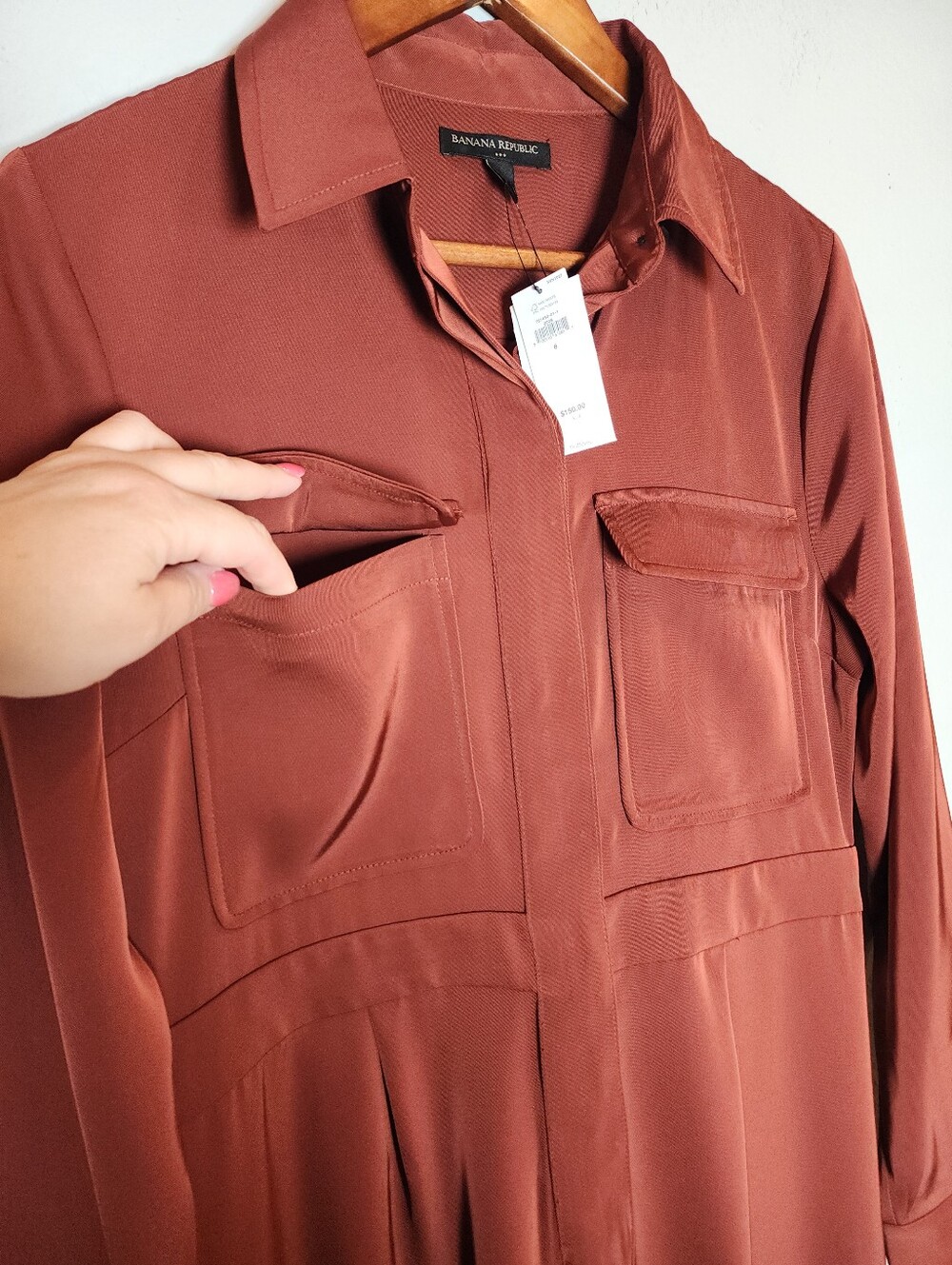 NWT Banana Republic Long Sleeve Wide Leg Trouser Satin Jumpsuit Burnt Caramel 8 - Picture 13 of 16